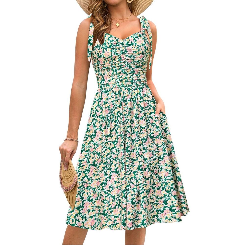 Kranda Summer Casual Tie Strap Sundress V Neck Sleeveless Flowy Boho Floral Midi